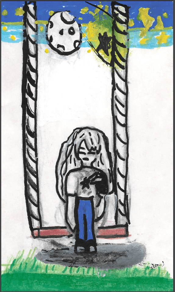 Drawing of a child on a swing under the moon and stars, by Brianna Stone