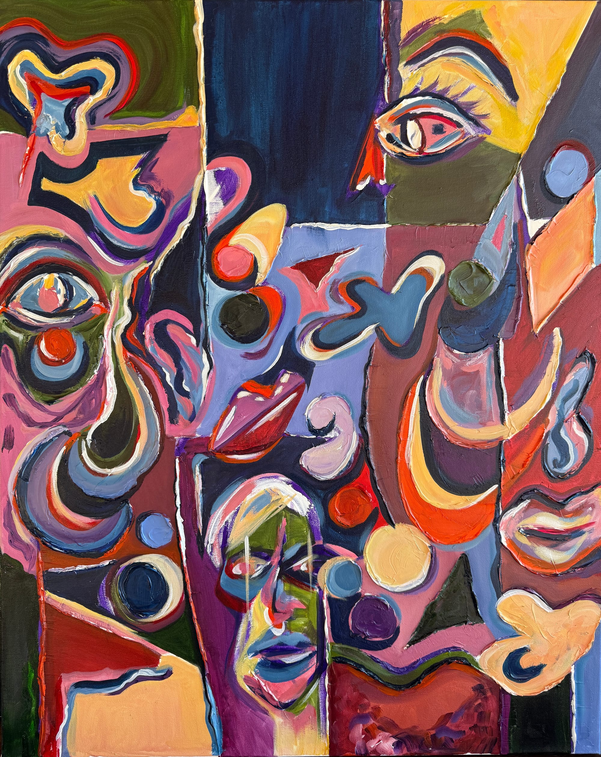 Abstract painting of multiple colorful intersecting faces, by Sylvia Hemenetz