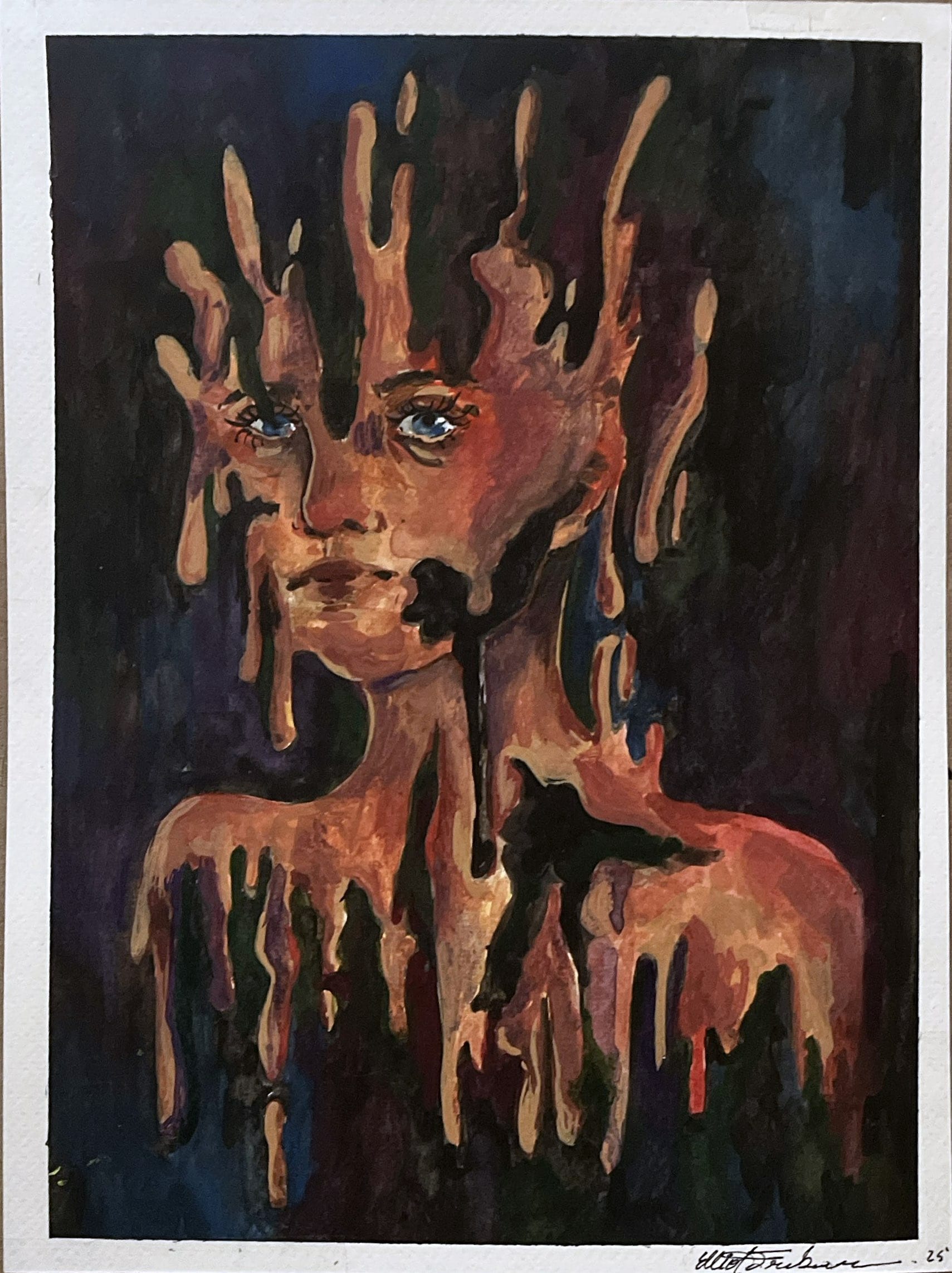 Watercolor portrait with flowing, melting features, by Elliot Freebourn