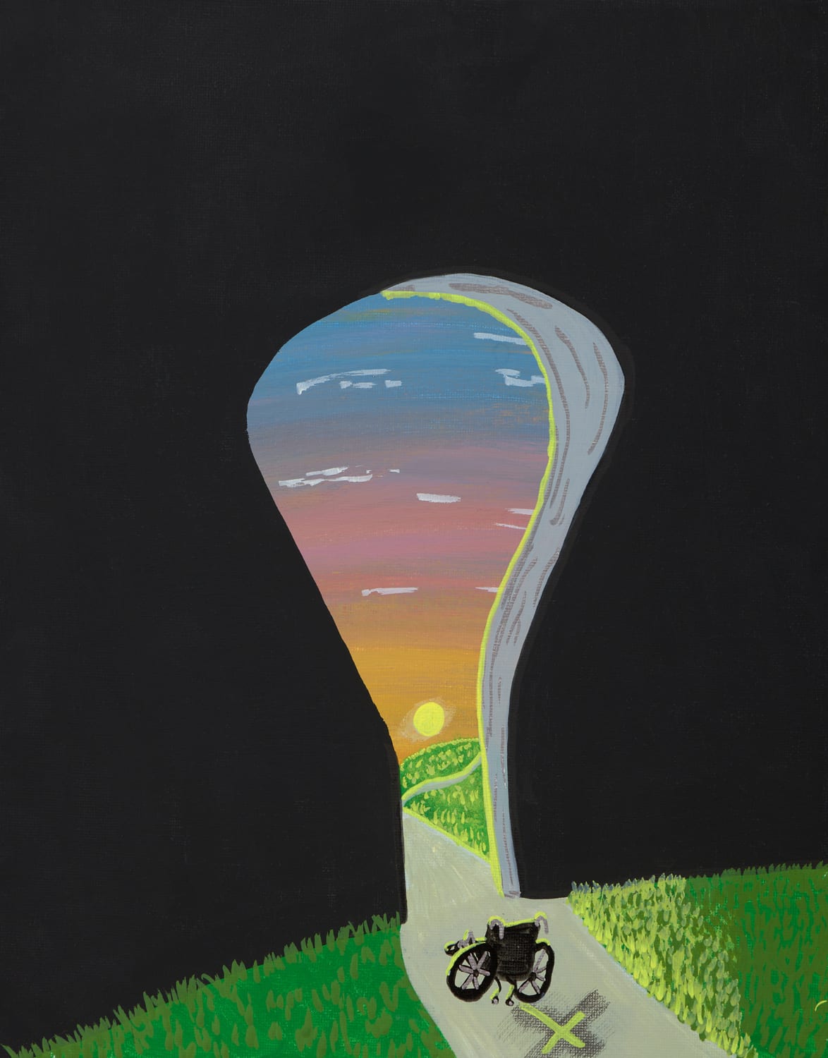 Painting of a wheelchair user on a winding path toward a sunset horizon, by Sara Gaver
