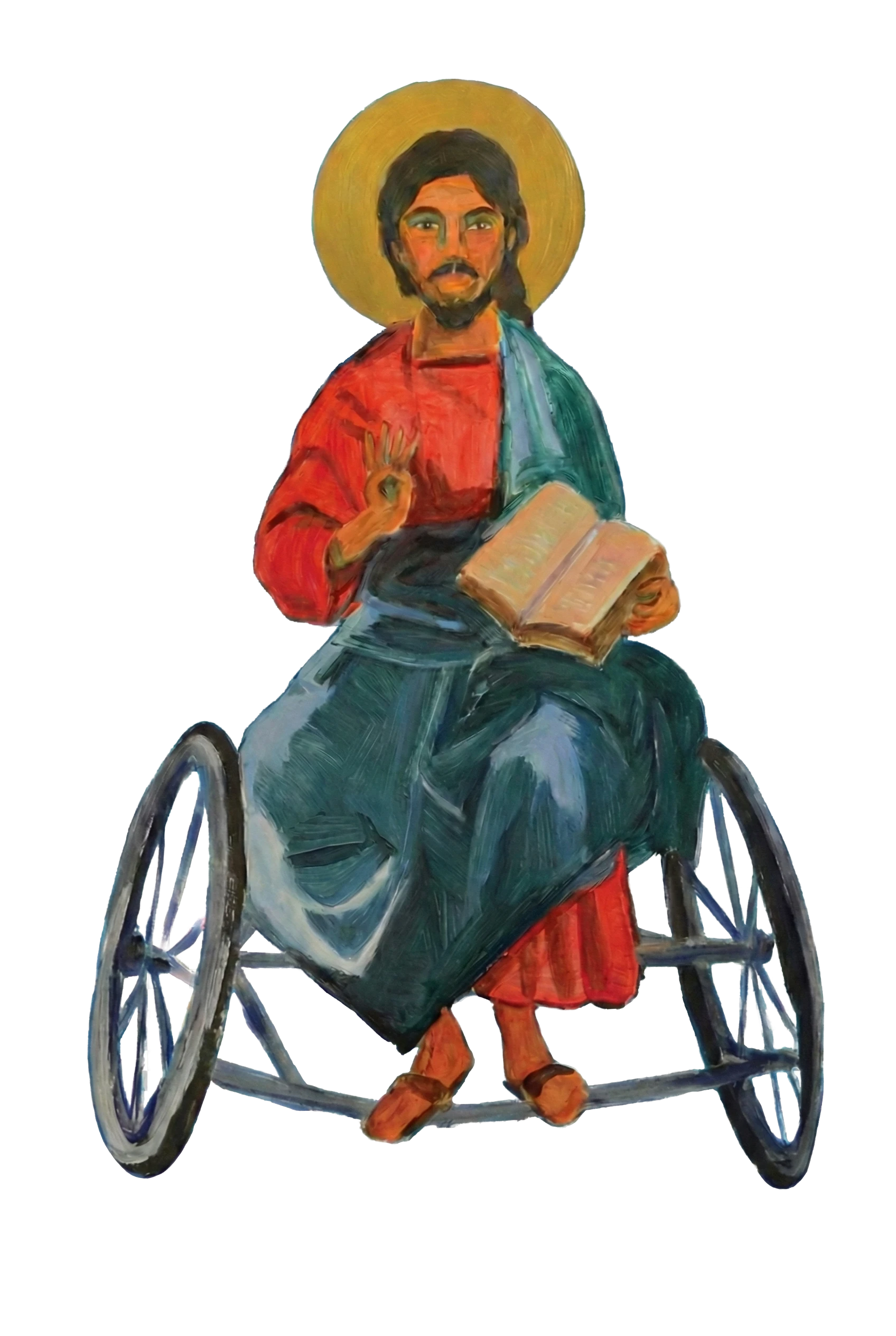 Iconographic painting of Jesus seated in a wheelchair, holding an open book, with a golden halo, created by artist Olga Ledis